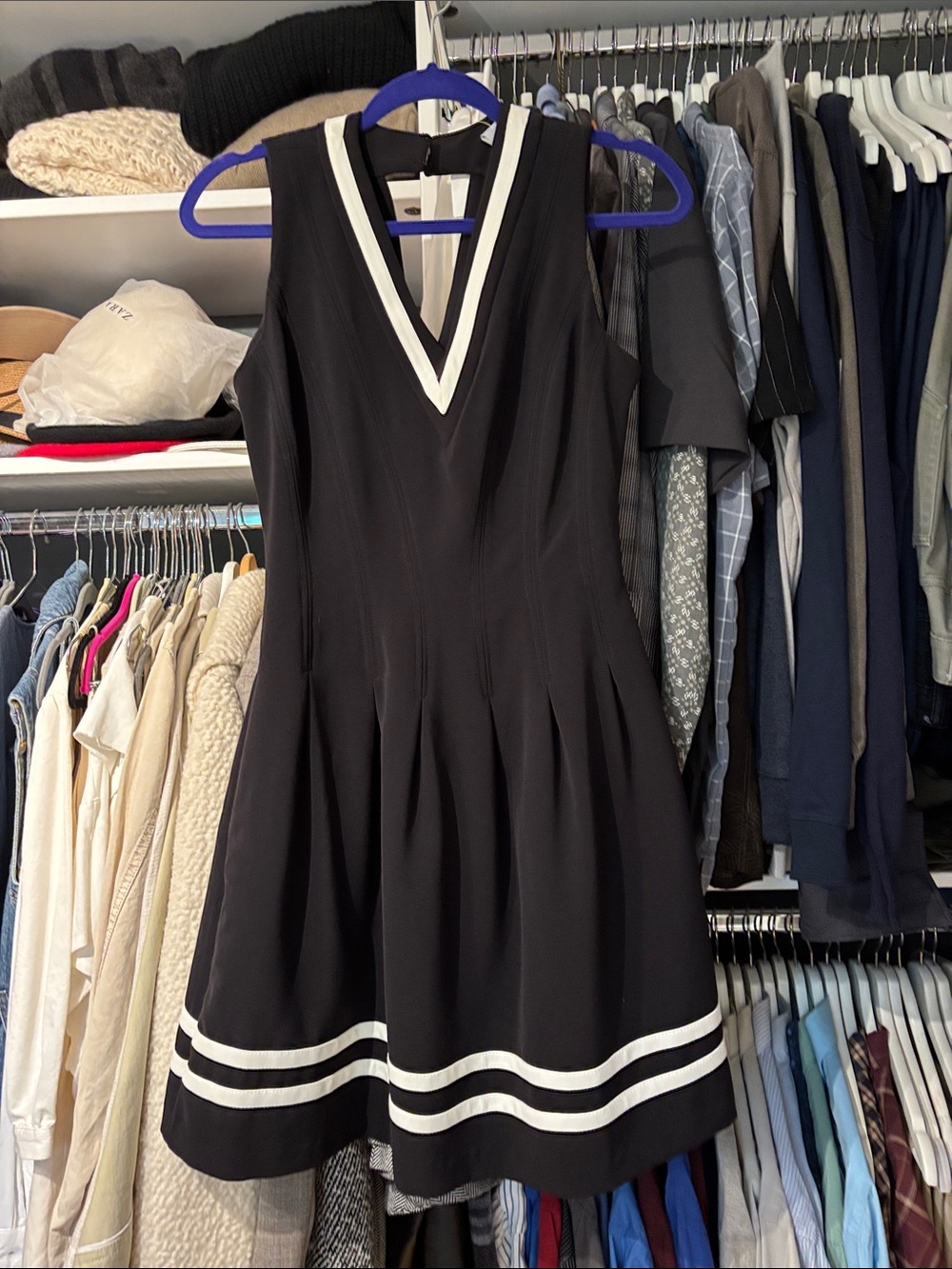 H&M Black Sleeveless V-Neck Fit-and-Flare Dress with White Trim